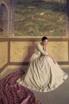 Off White Georgette Floor Full Length Partywear Anarkali Suit For Indian Festival & Pakistani Weddings - Chikankari Embroidery Work