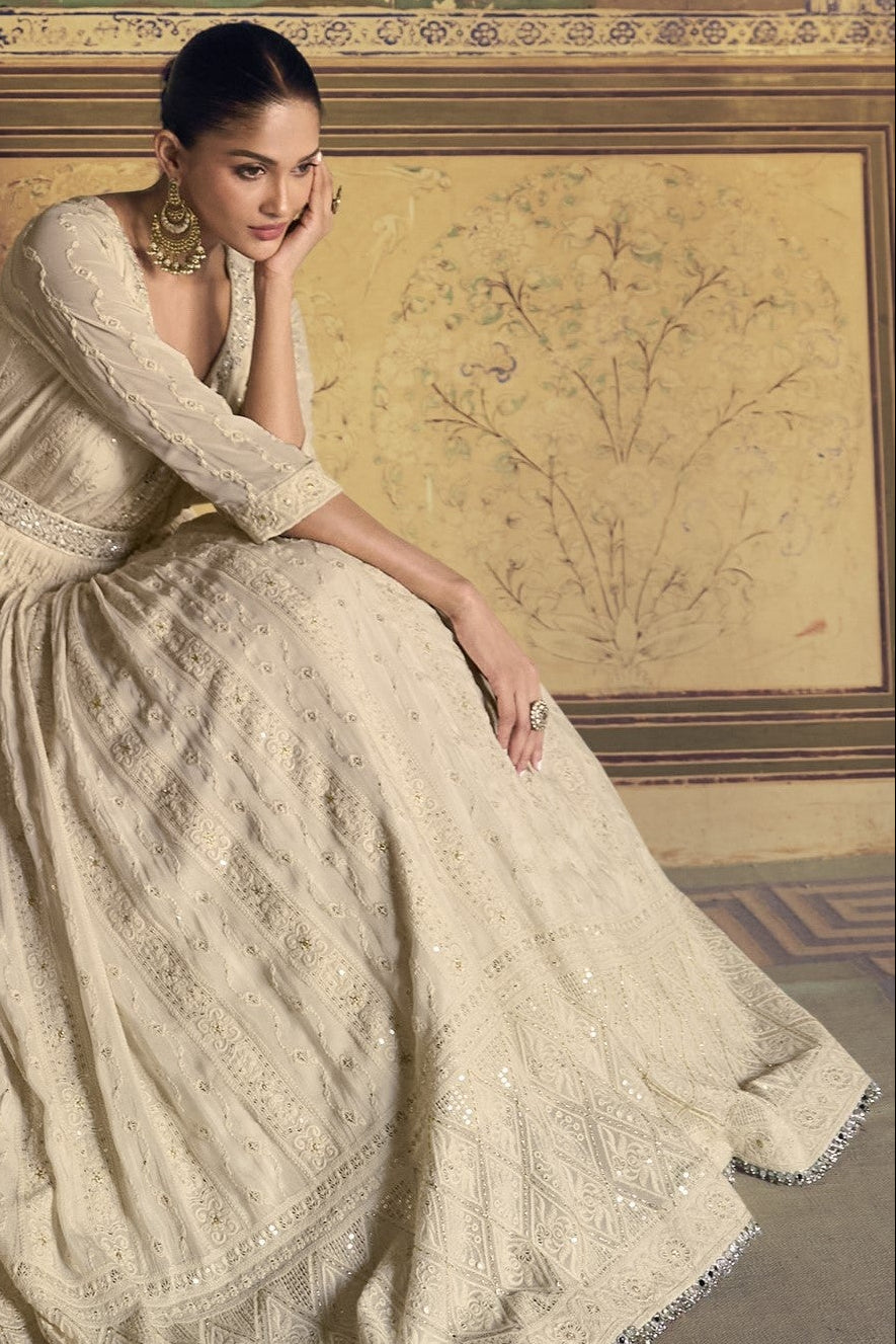 Off White Georgette Floor Full Length Partywear Anarkali Suit For Indian Festival & Pakistani Weddings - Chikankari Embroidery Work