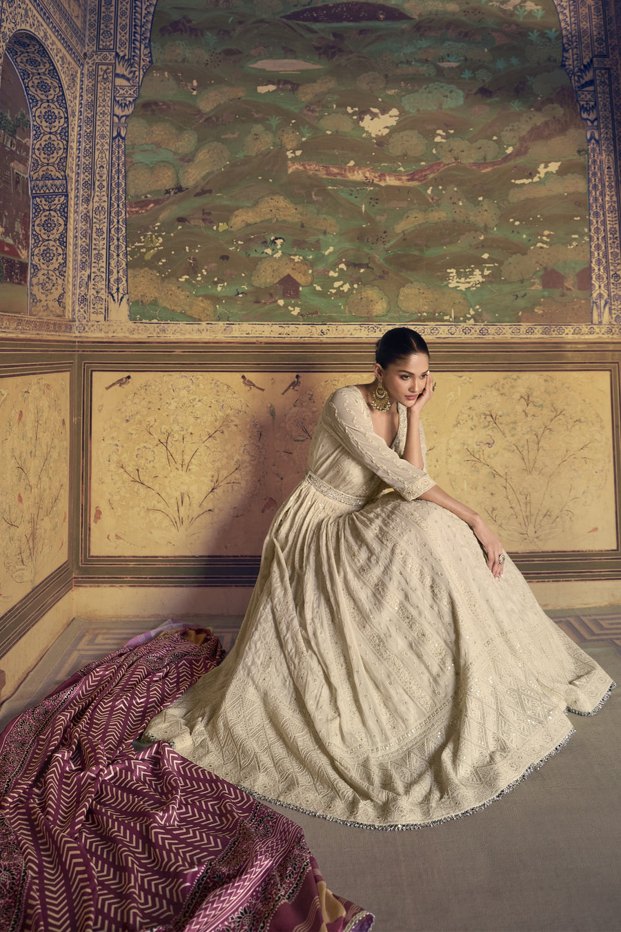 Off White Georgette Floor Full Length Partywear Anarkali Suit For Indian Festival & Pakistani Weddings - Chikankari Embroidery Work