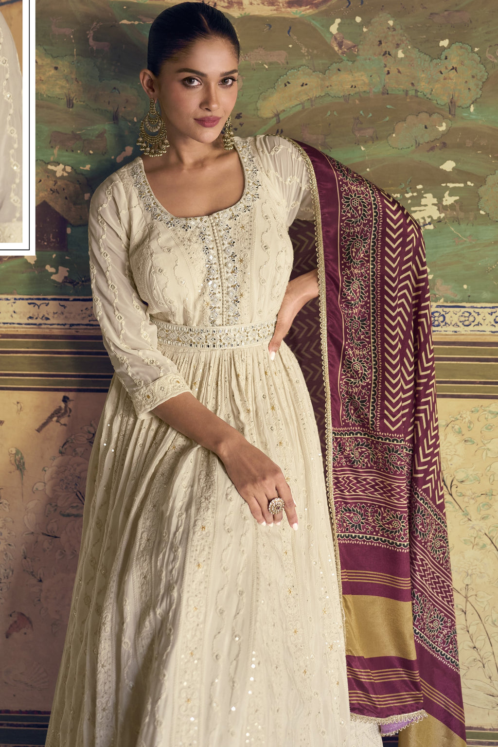 Off White Georgette Floor Full Length Partywear Anarkali Suit For Indian Festival & Pakistani Weddings - Chikankari Embroidery Work