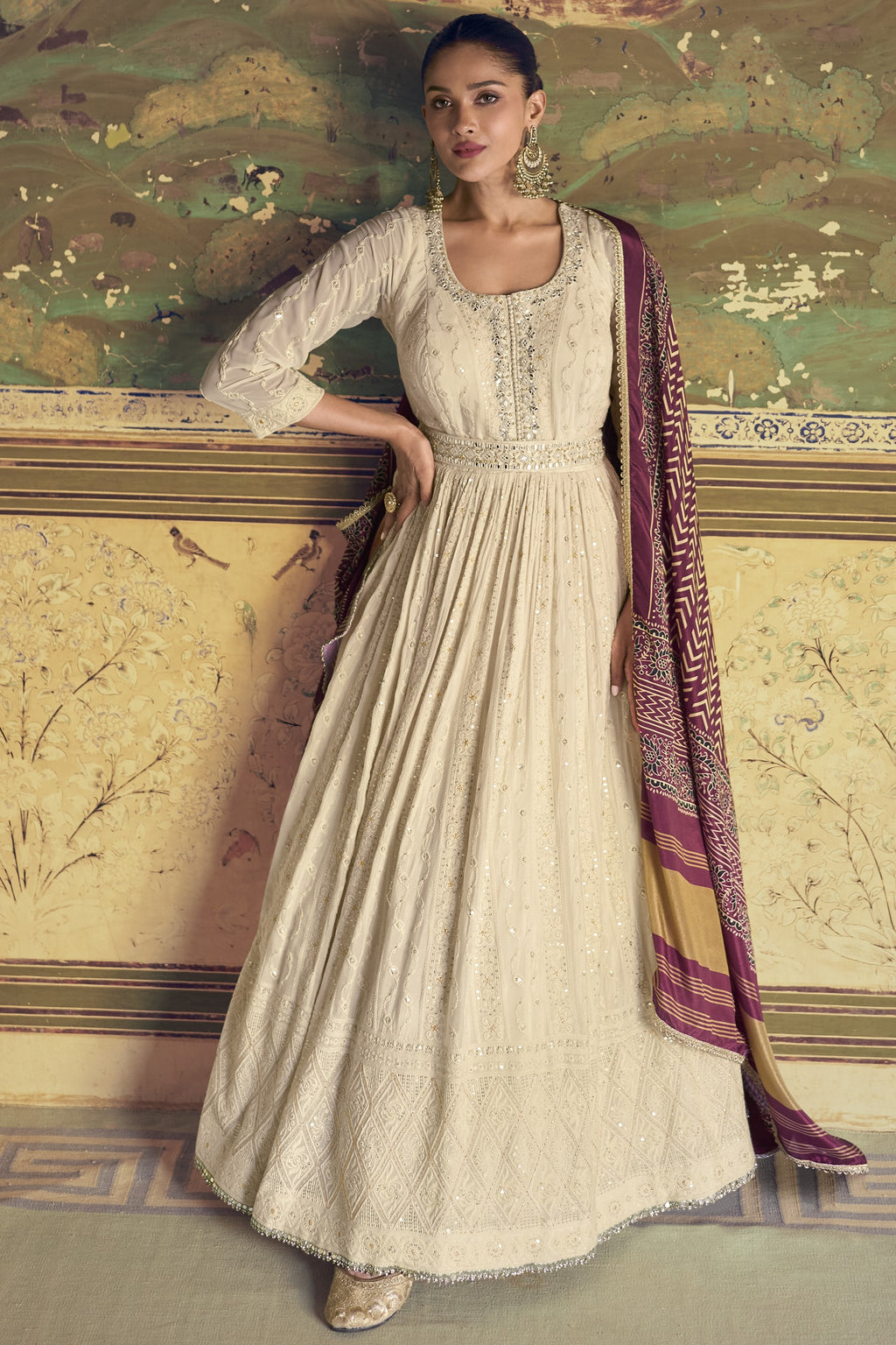 Off White Georgette Floor Full Length Partywear Anarkali Suit For Indian Festival & Pakistani Weddings - Chikankari Embroidery Work