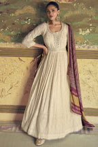 Off White Georgette Floor Full Length Partywear Anarkali Suit For Indian Festival & Pakistani Weddings - Chikankari Embroidery Work