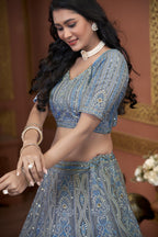 Gray Blue Net Lehenga Choli For Indian Festivals & Pakistani Weddings Dress - Zarkan Work