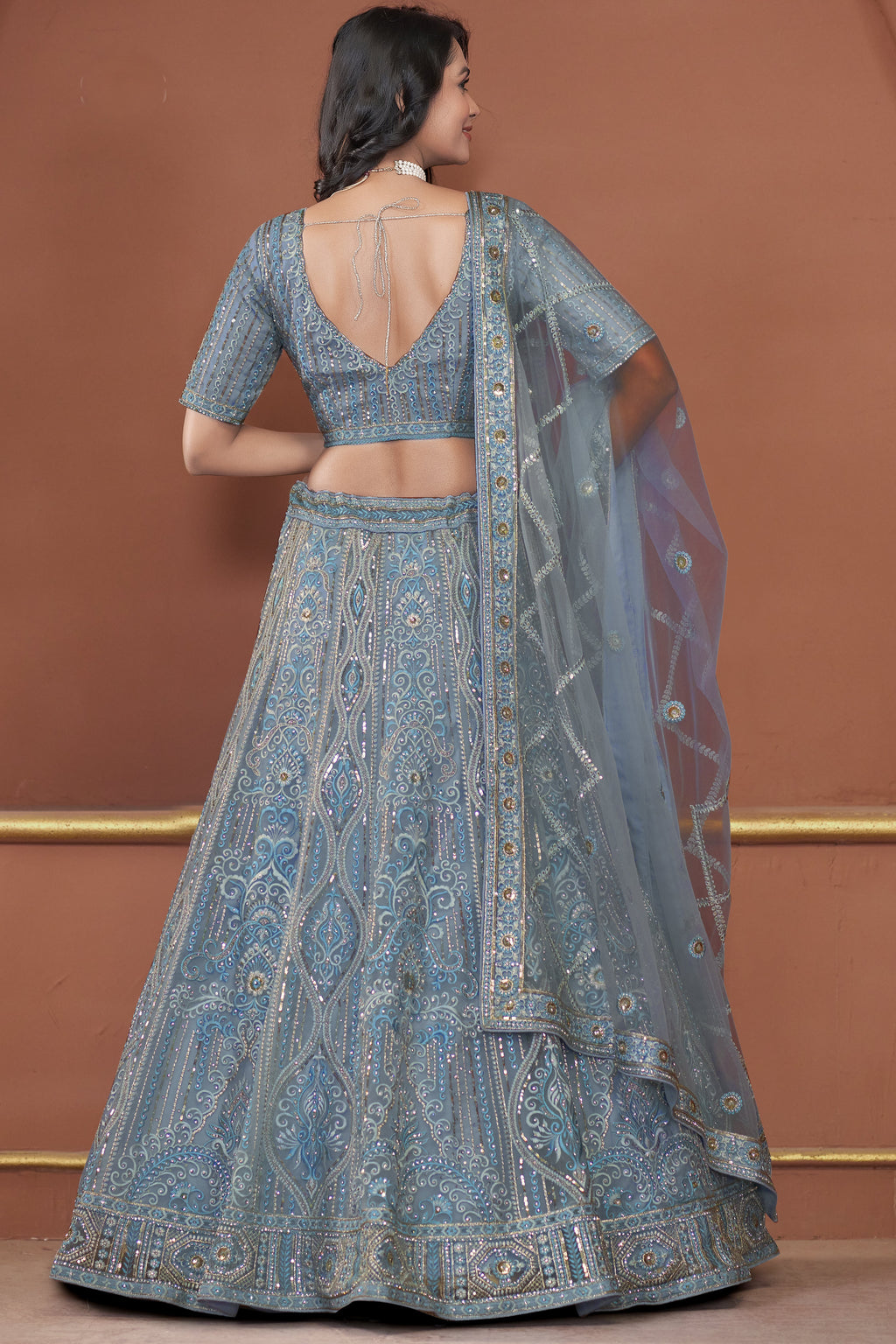 Gray Blue Net Lehenga Choli For Indian Festivals & Pakistani Weddings Dress - Zarkan Work
