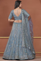 Gray Blue Net Lehenga Choli For Indian Festivals & Pakistani Weddings Dress - Zarkan Work