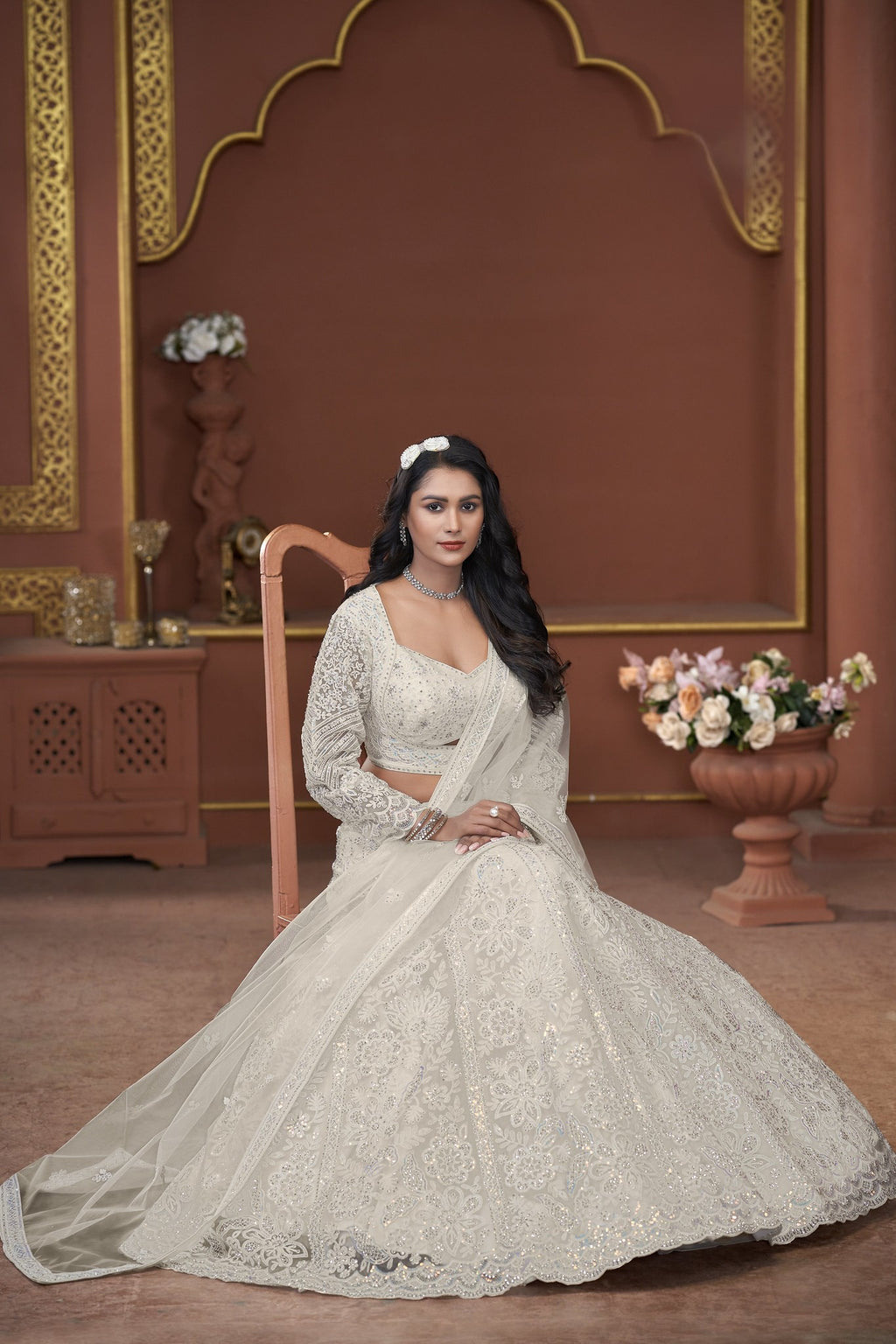 Off White Net Lehenga Choli For Indian Festivals & Pakistani Weddings Dress - Embroidery Work, Zarkan Work