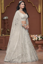 Off White Net Lehenga Choli For Indian Festivals & Pakistani Weddings Dress - Embroidery Work, Zarkan Work
