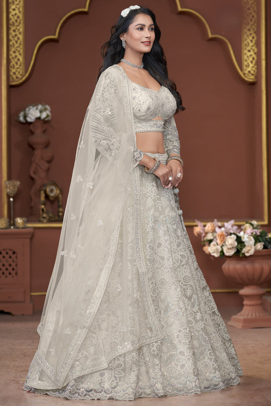 Off White Net Lehenga Choli For Indian Festivals & Pakistani Weddings Dress - Embroidery Work, Zarkan Work