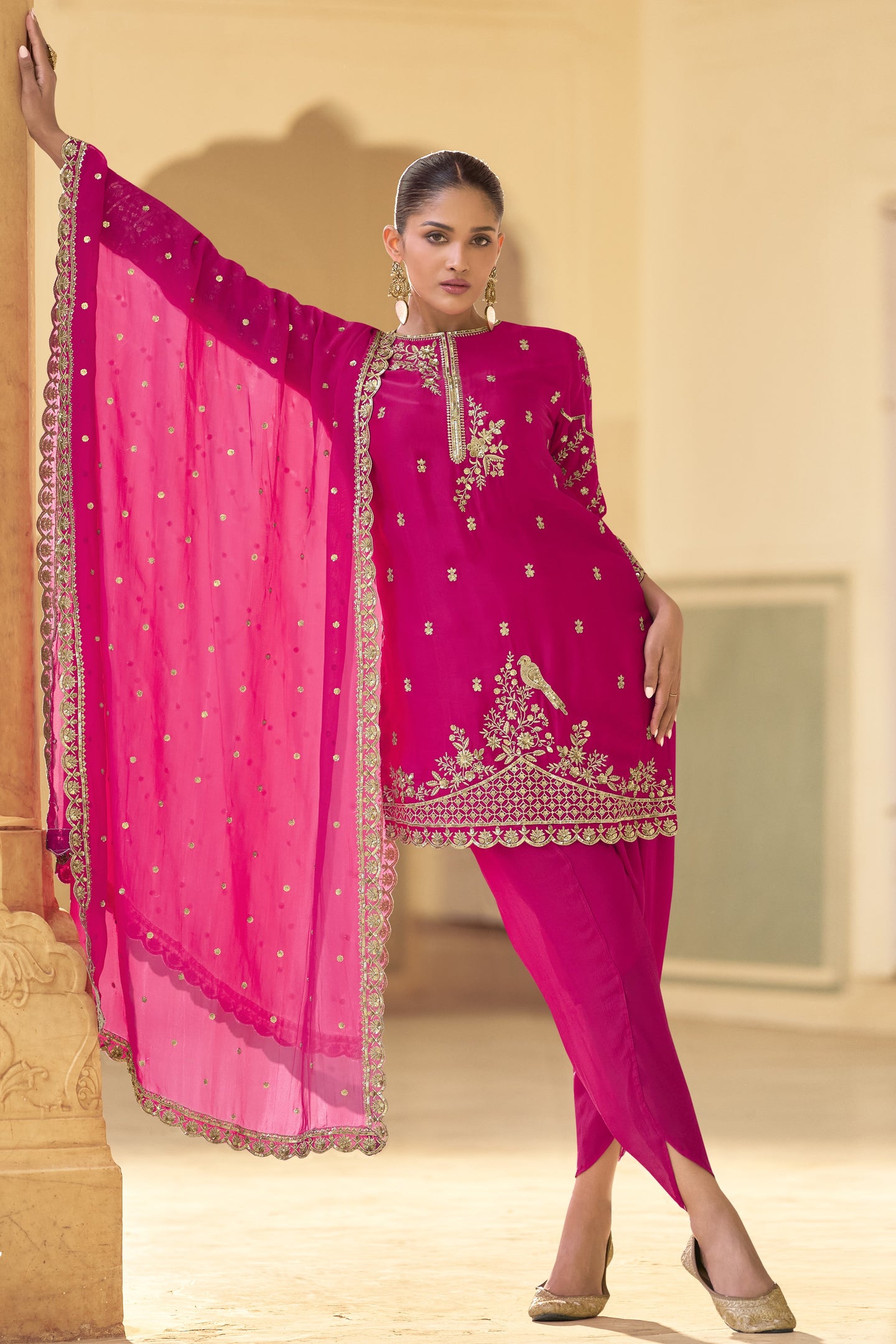 Pink Crepe Salwar with Dhoti For Indian Festivals & Weddings - Embroidery Work