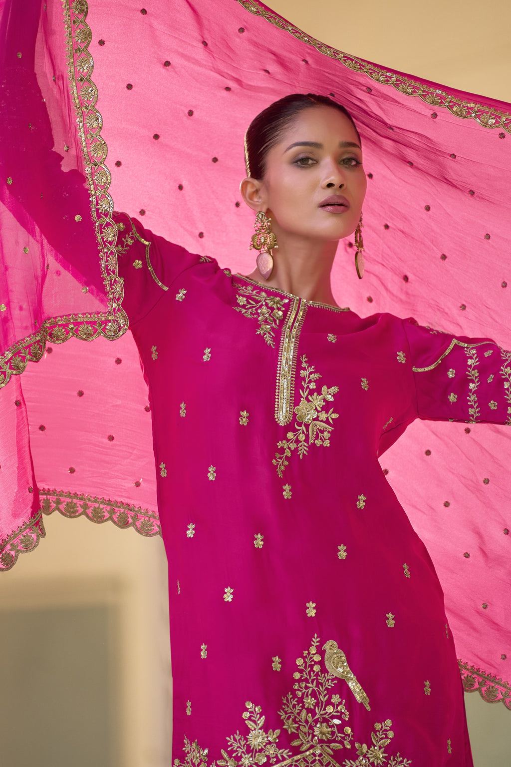 Pink Crepe Salwar with Dhoti For Indian Festivals & Weddings - Embroidery Work
