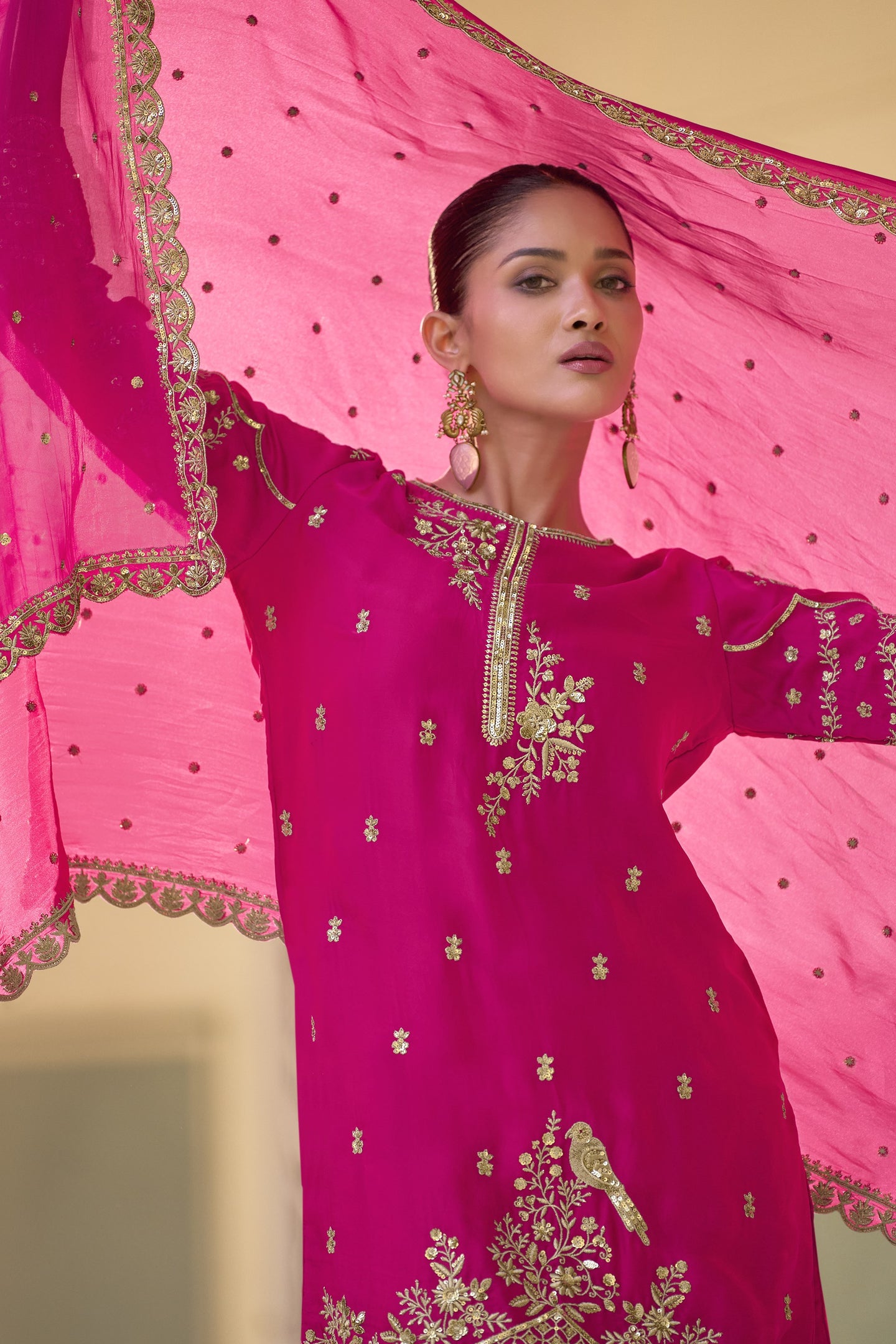 Pink Crepe Salwar with Dhoti For Indian Festivals & Weddings - Embroidery Work