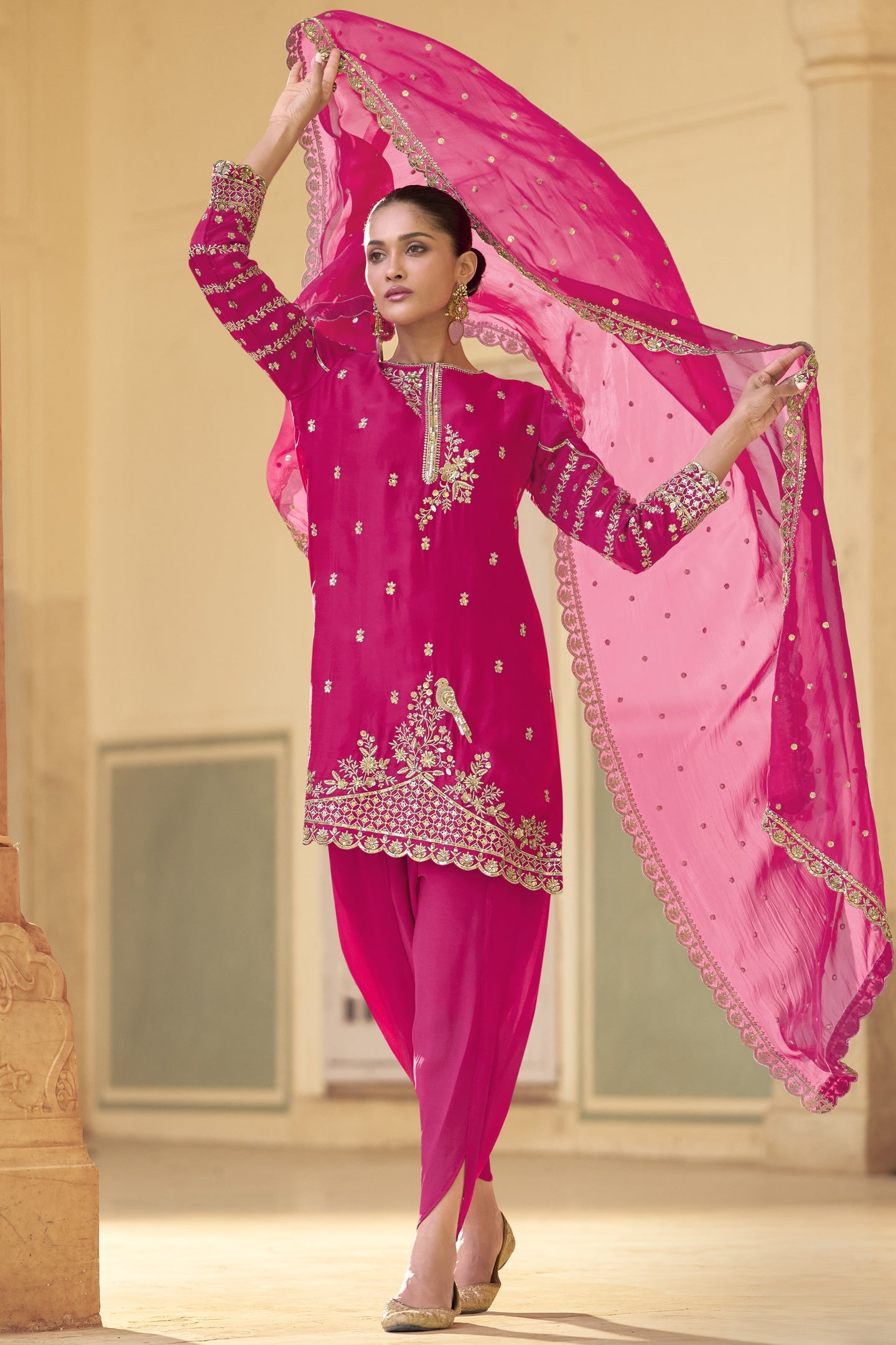 Pink Crepe Salwar with Dhoti For Indian Festivals & Weddings - Embroidery Work