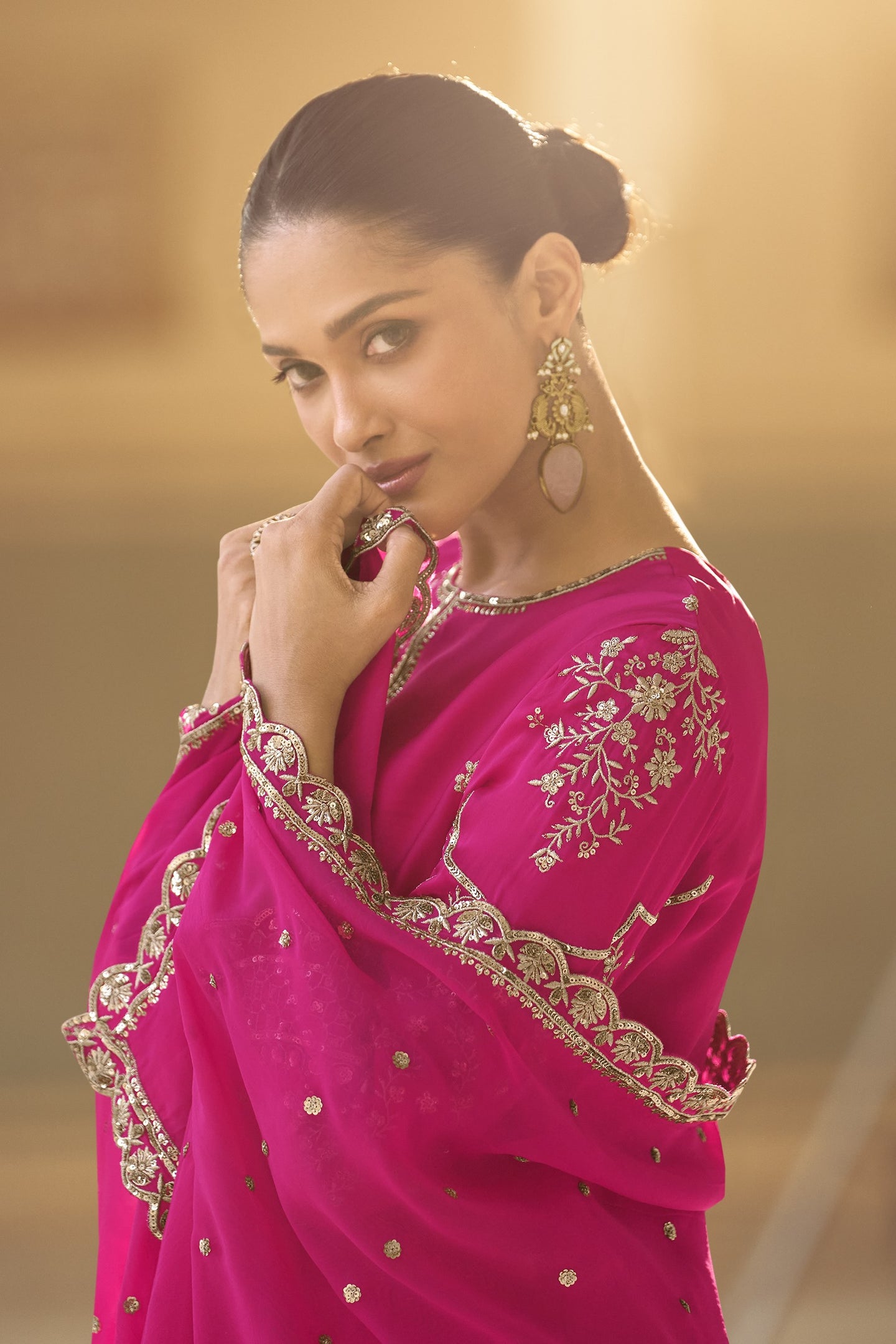 Pink Crepe Salwar with Dhoti For Indian Festivals & Weddings - Embroidery Work