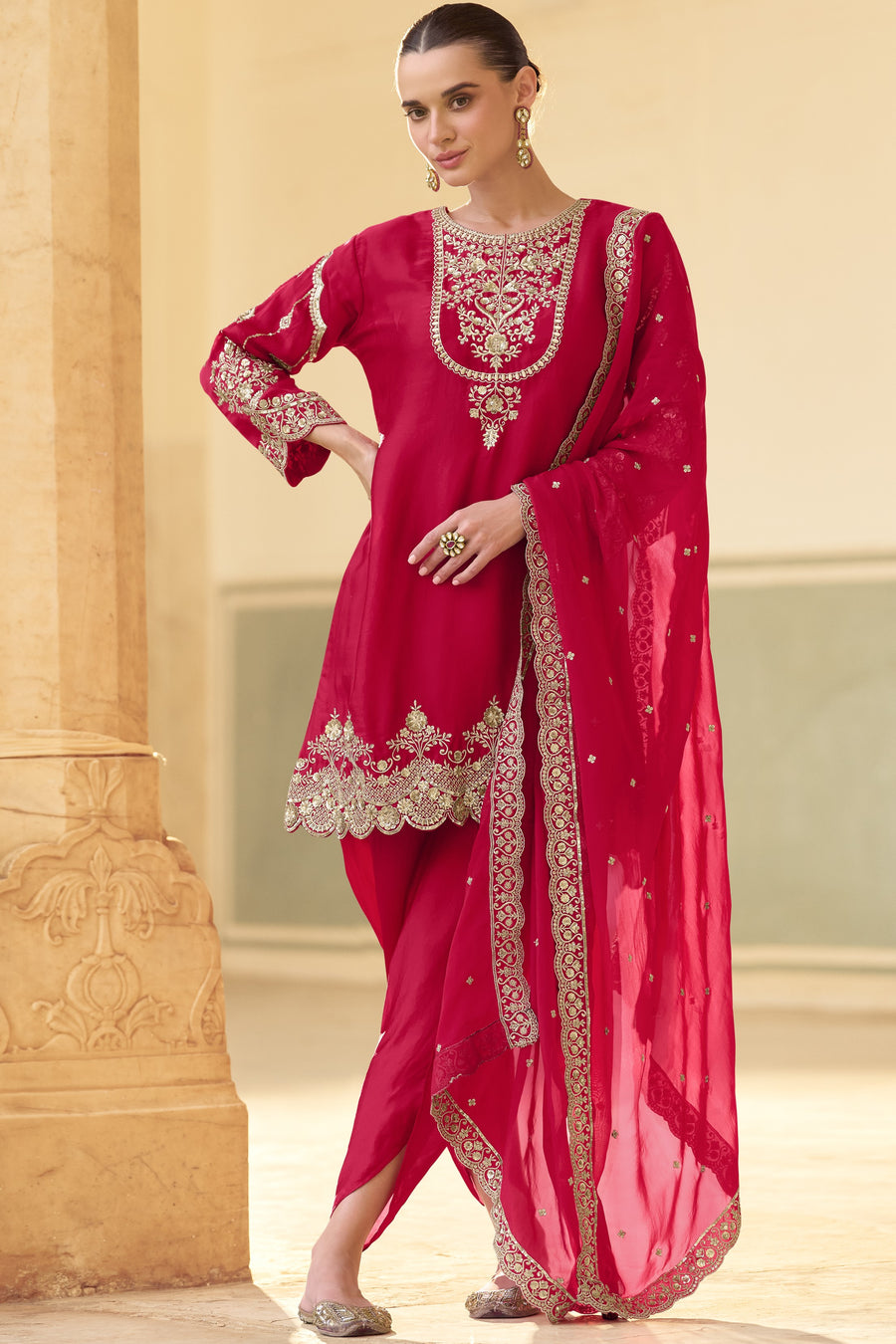 Red Crepe Salwar with Dhoti For Indian Festivals & Weddings - Embroidery Work
