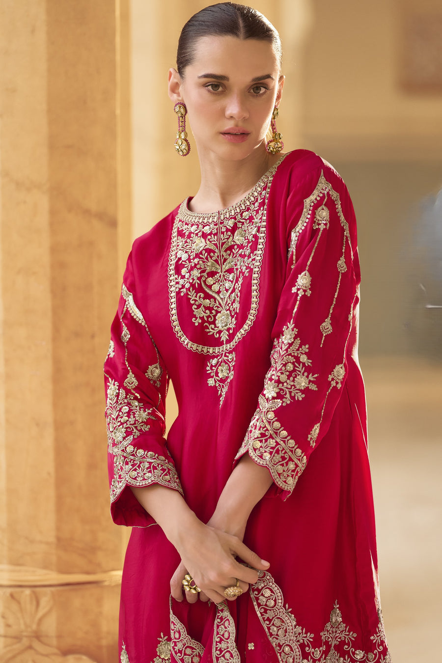 Red Crepe Salwar with Dhoti For Indian Festivals & Weddings - Embroidery Work