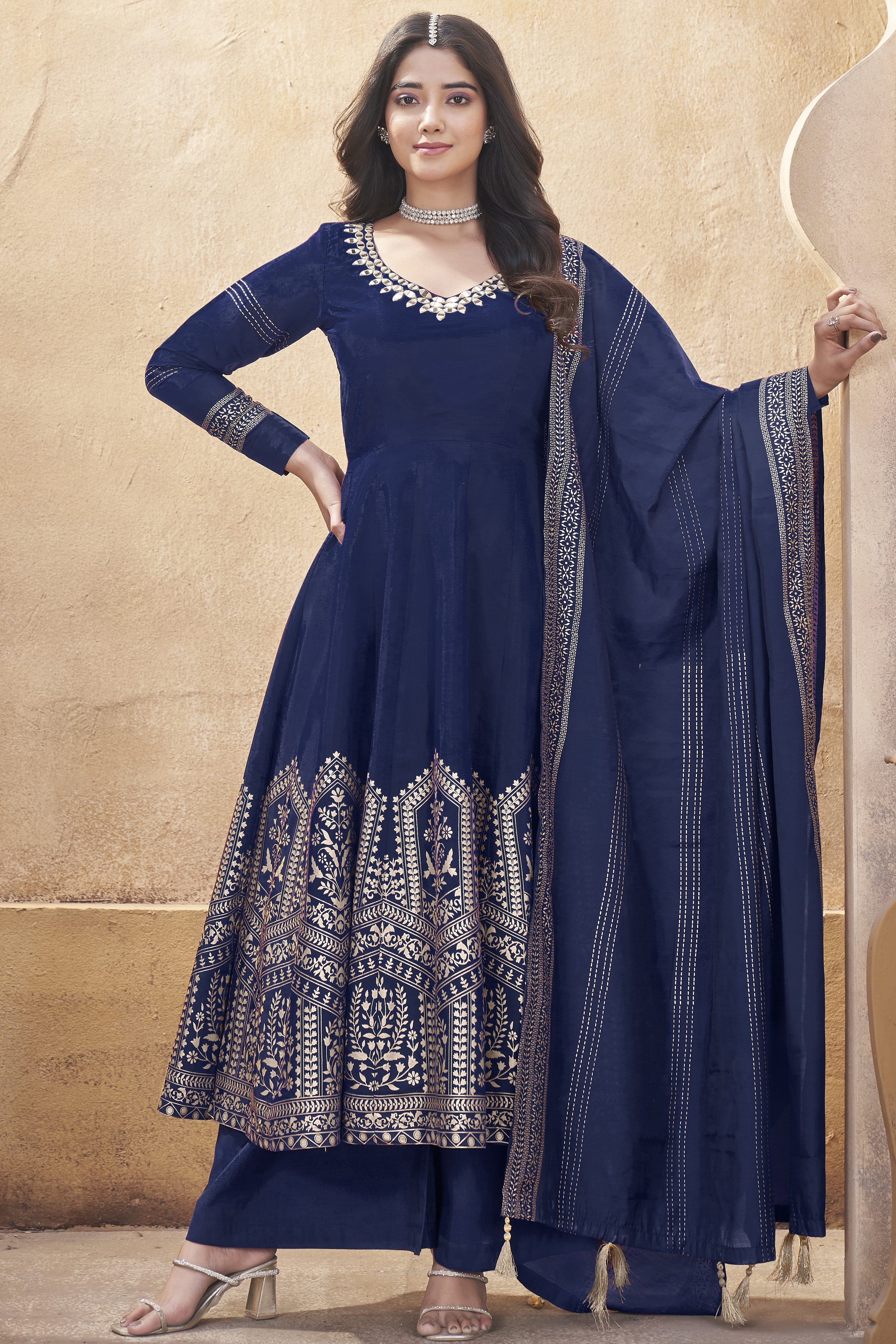Navy Blue Roman Silk Kameez with Pant For Indian Festivals & Weddings - Mirror Work, Foil Print Work