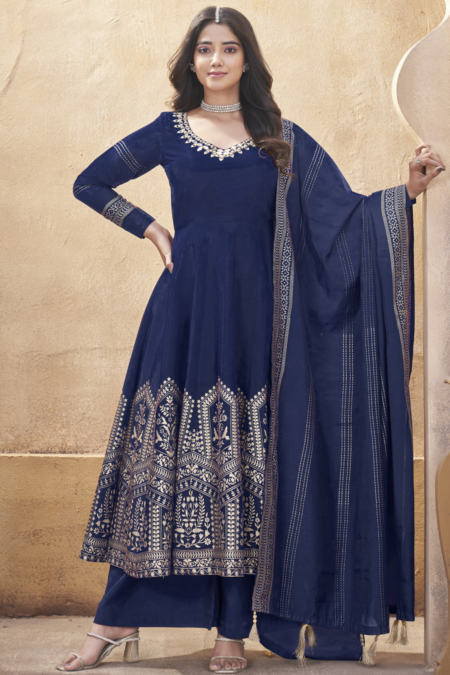 Navy Blue Roman Silk Kameez with Pant For Indian Festivals & Weddings - Mirror Work, Foil Print Work