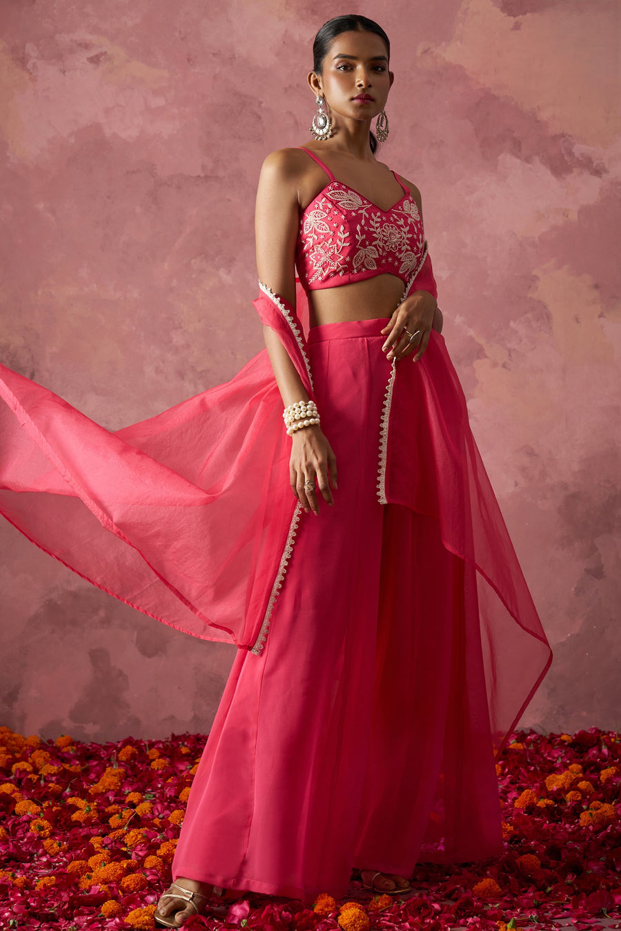 Pink Georgette Palazzo with Blouse with Cap Dupatta For Indian Festivals & Pakistani Weddings - Khatli Work, Hand Work