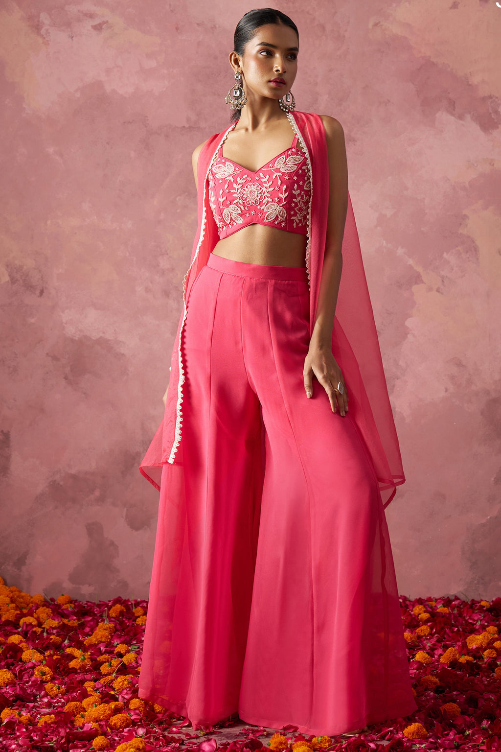 Pink Georgette Palazzo with Blouse with Cap Dupatta For Indian Festivals & Pakistani Weddings - Khatli Work, Hand Work