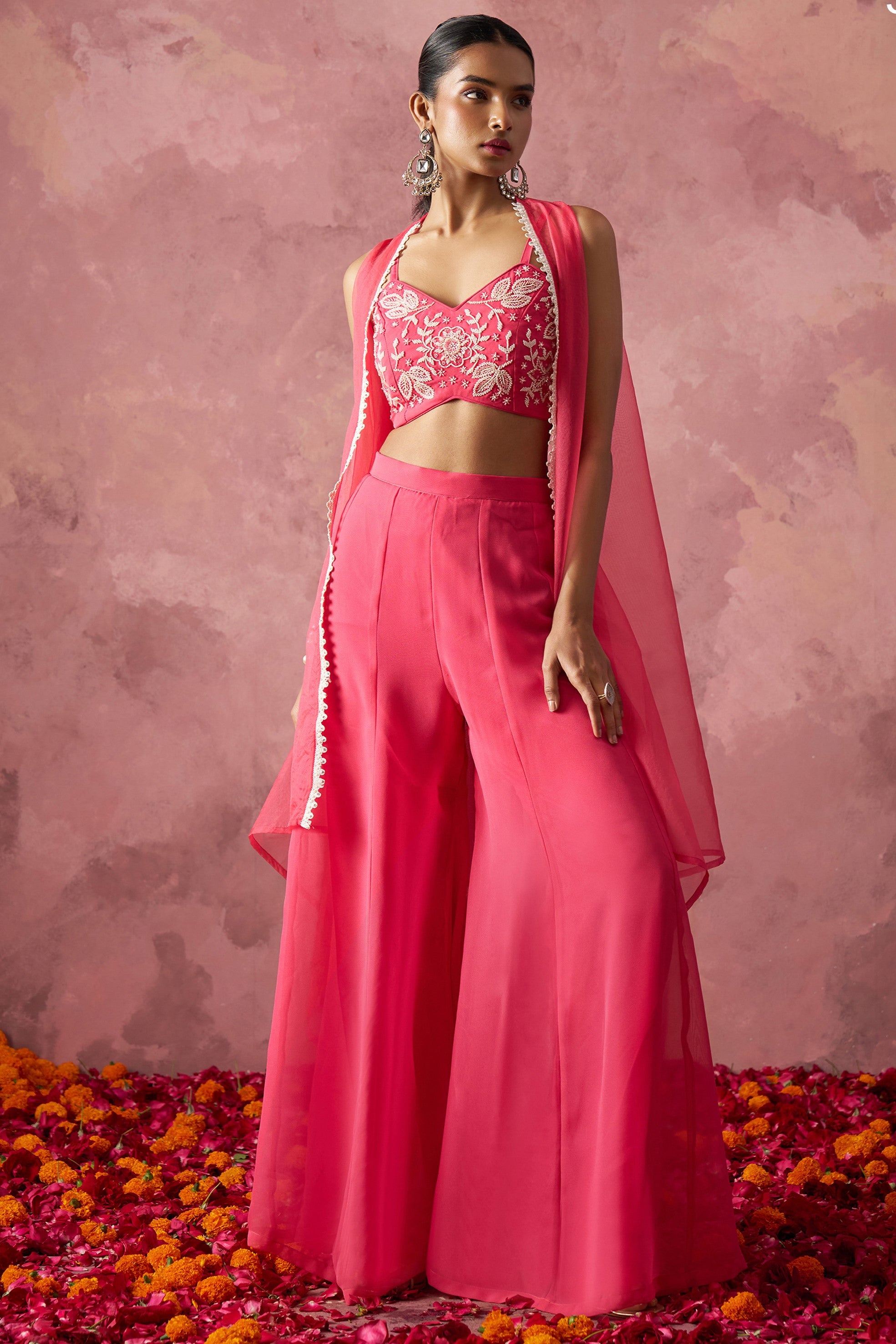 Pink Georgette Palazzo with Blouse with Cap Dupatta For Indian Festivals & Pakistani Weddings - Khatli Work, Hand Work