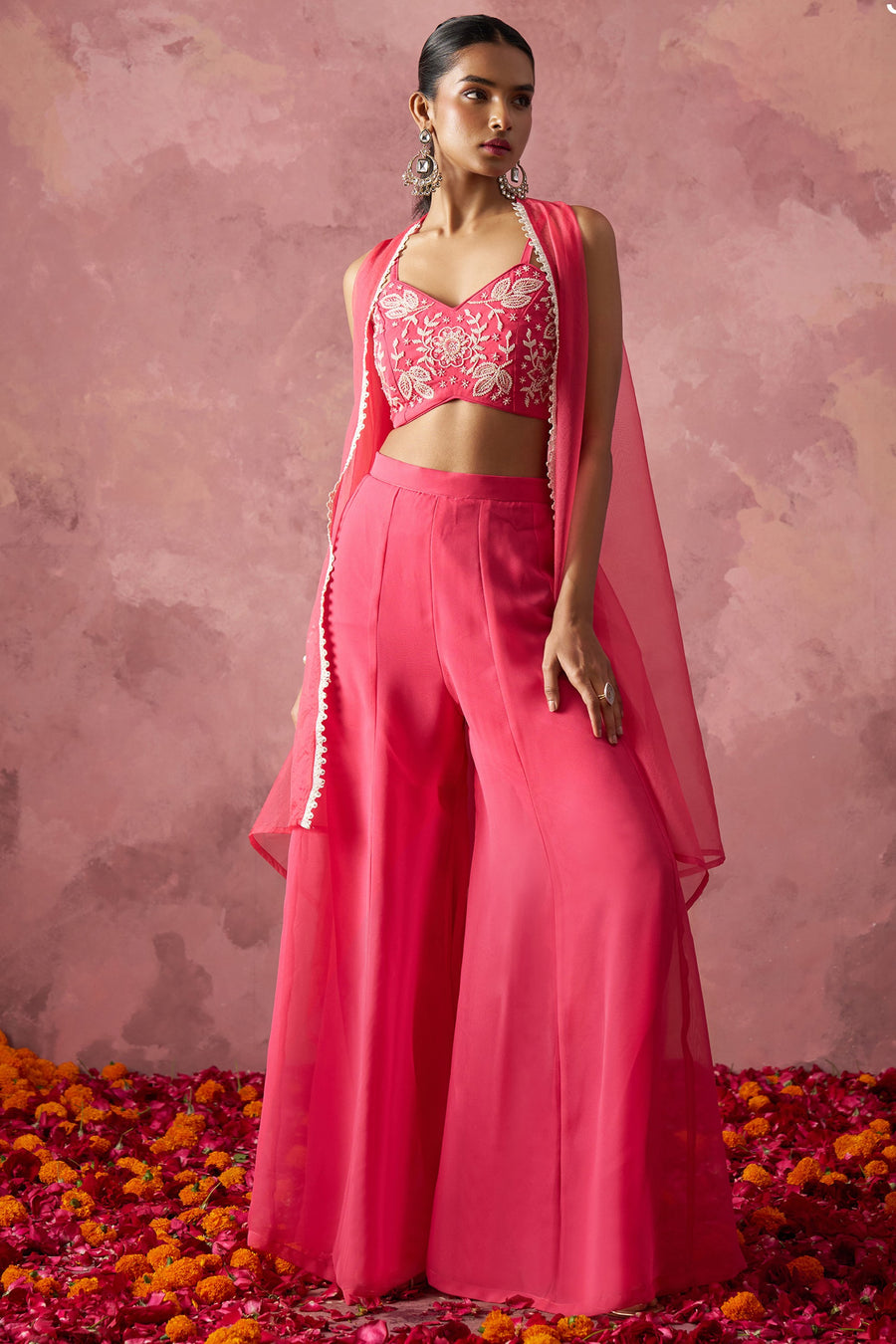 Pink Georgette Palazzo with Blouse with Cap Dupatta For Indian Festivals & Pakistani Weddings - Khatli Work, Hand Work
