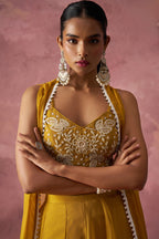 Golden Georgette Palazzo with Blouse with Cap Dupatta For Indian Festivals & Pakistani Weddings - Khatli Work, Hand Work