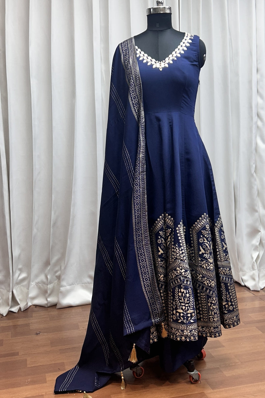 Navy Blue Roman Silk Kameez with Pant For Indian Festivals & Weddings - Mirror Work, Foil Print Work