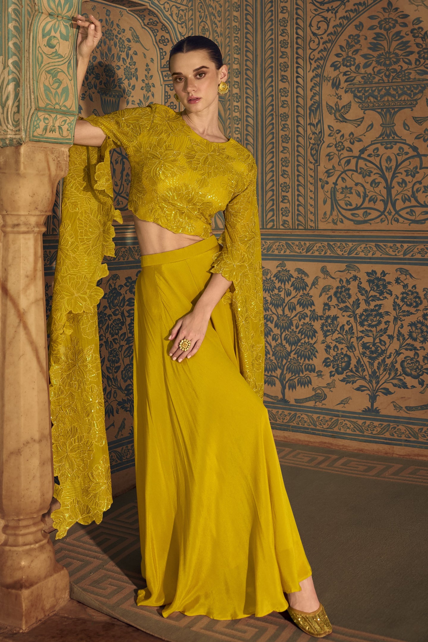 Yellow Chinon Silk Plazo Suit For Indian Weddings & Pakitani Festival - Embroidery Work