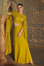 Yellow Chinon Silk Plazo Suit For Indian Weddings & Pakitani Festival - Embroidery Work