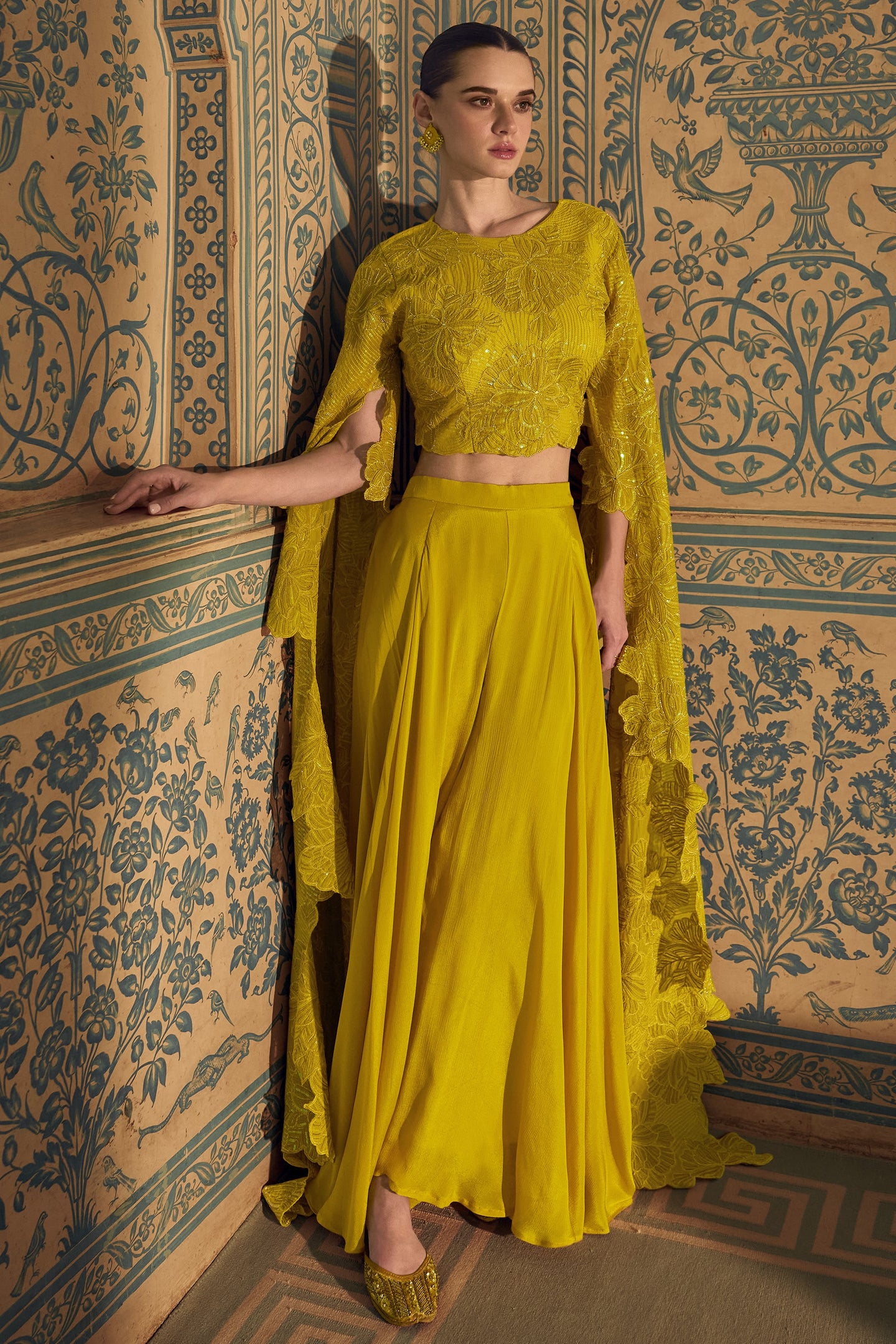 Yellow Chinon Silk Plazo Suit For Indian Weddings & Pakitani Festival - Embroidery Work