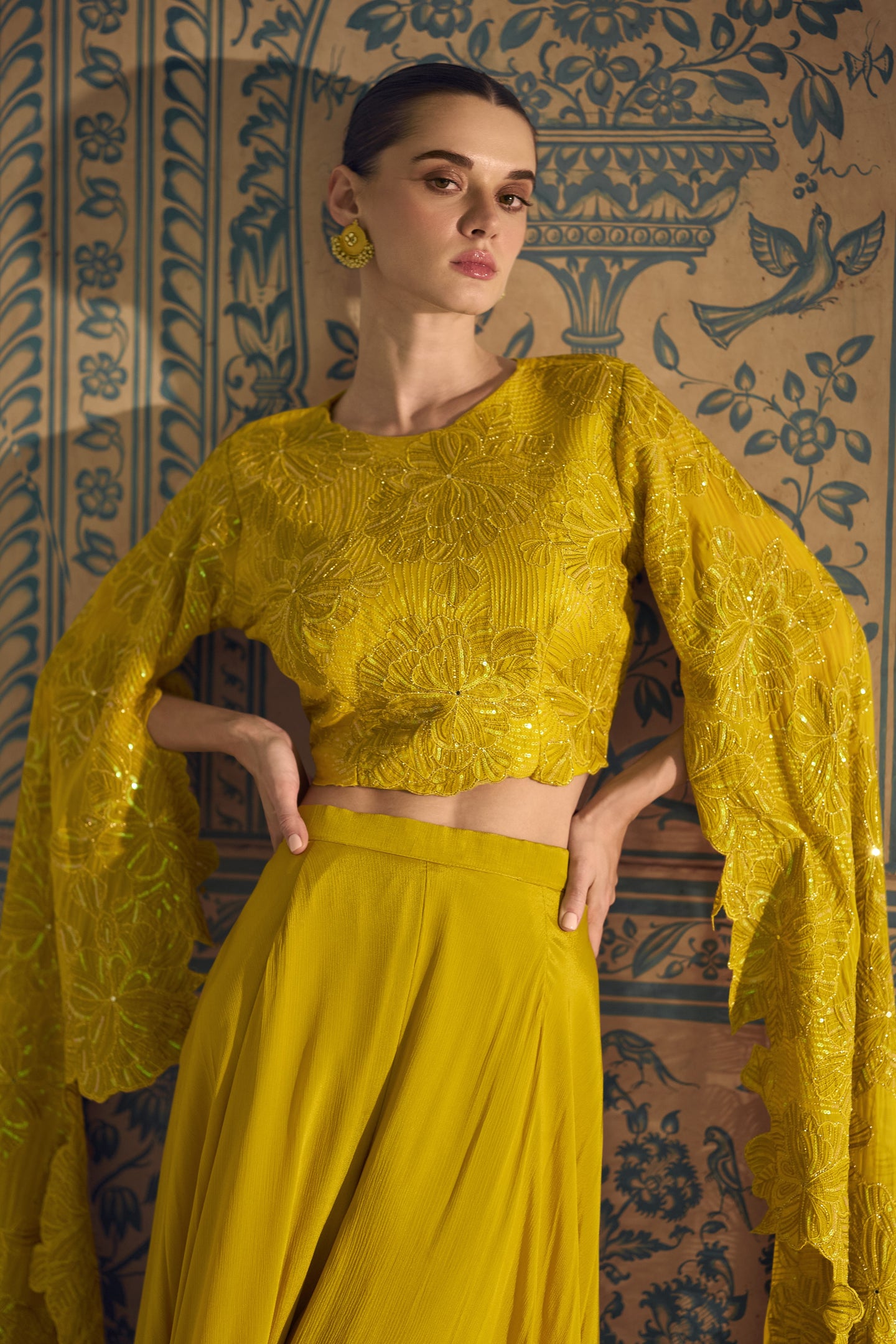 Yellow Chinon Silk Plazo Suit For Indian Weddings & Pakitani Festival - Embroidery Work