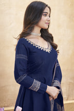 Navy Blue Roman Silk Kameez with Pant For Indian Festivals & Weddings - Mirror Work, Foil Print Work