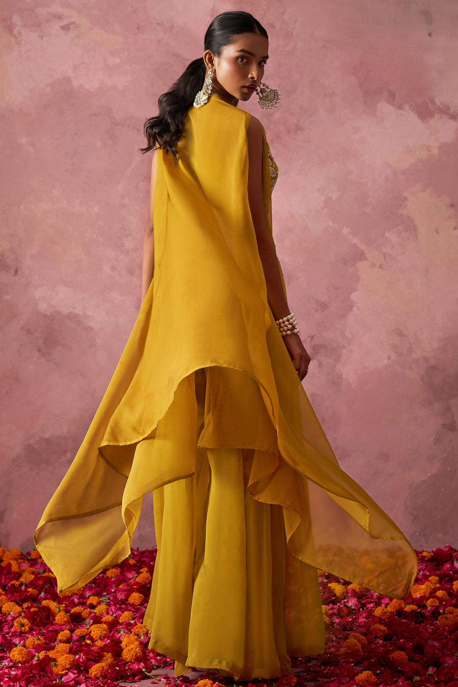 Golden Georgette Palazzo with Blouse with Cap Dupatta For Indian Festivals & Pakistani Weddings - Khatli Work, Hand Work