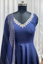 Navy Blue Roman Silk Kameez with Pant For Indian Festivals & Weddings - Mirror Work, Foil Print Work