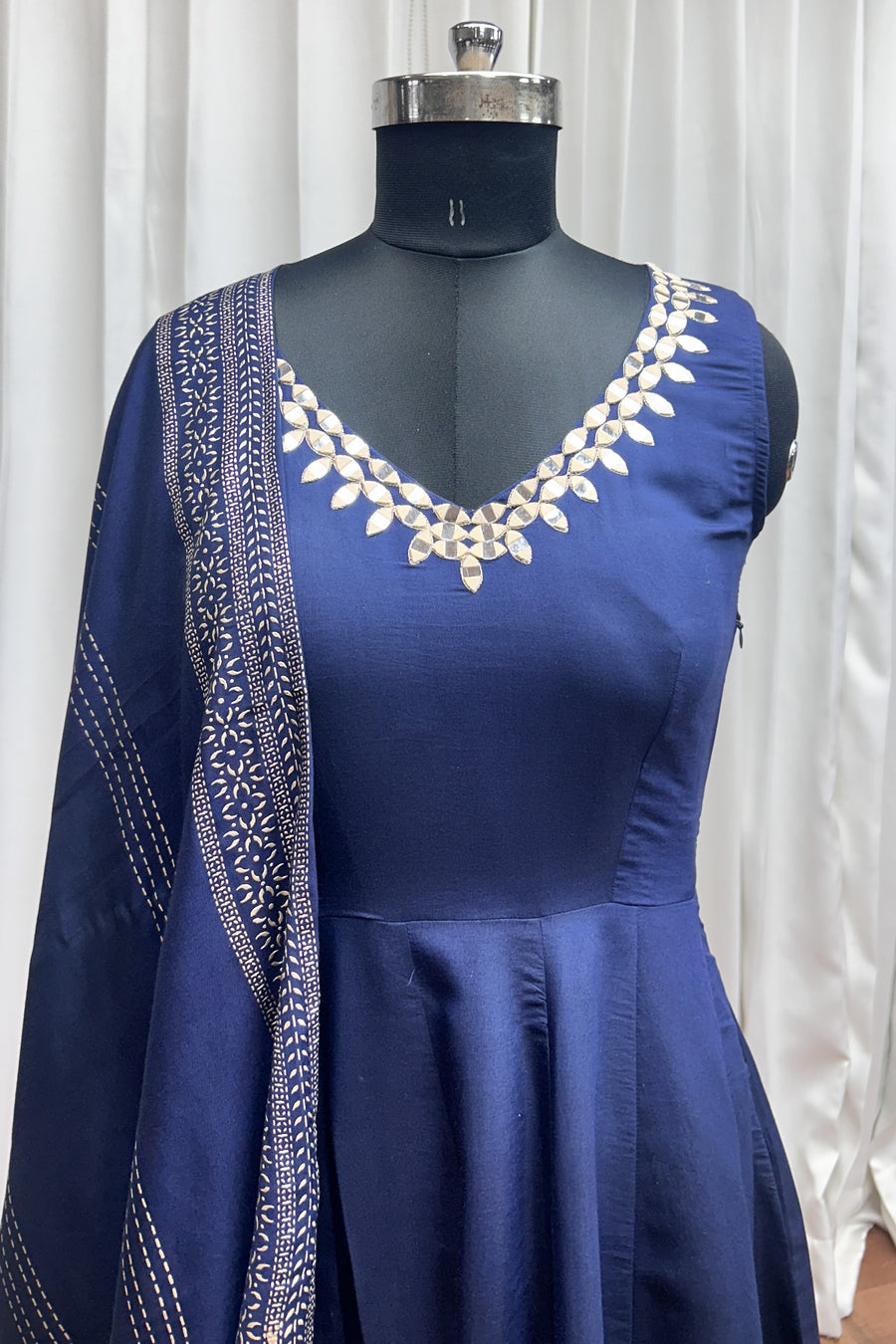 Navy Blue Roman Silk Kameez with Pant For Indian Festivals & Weddings - Mirror Work, Foil Print Work