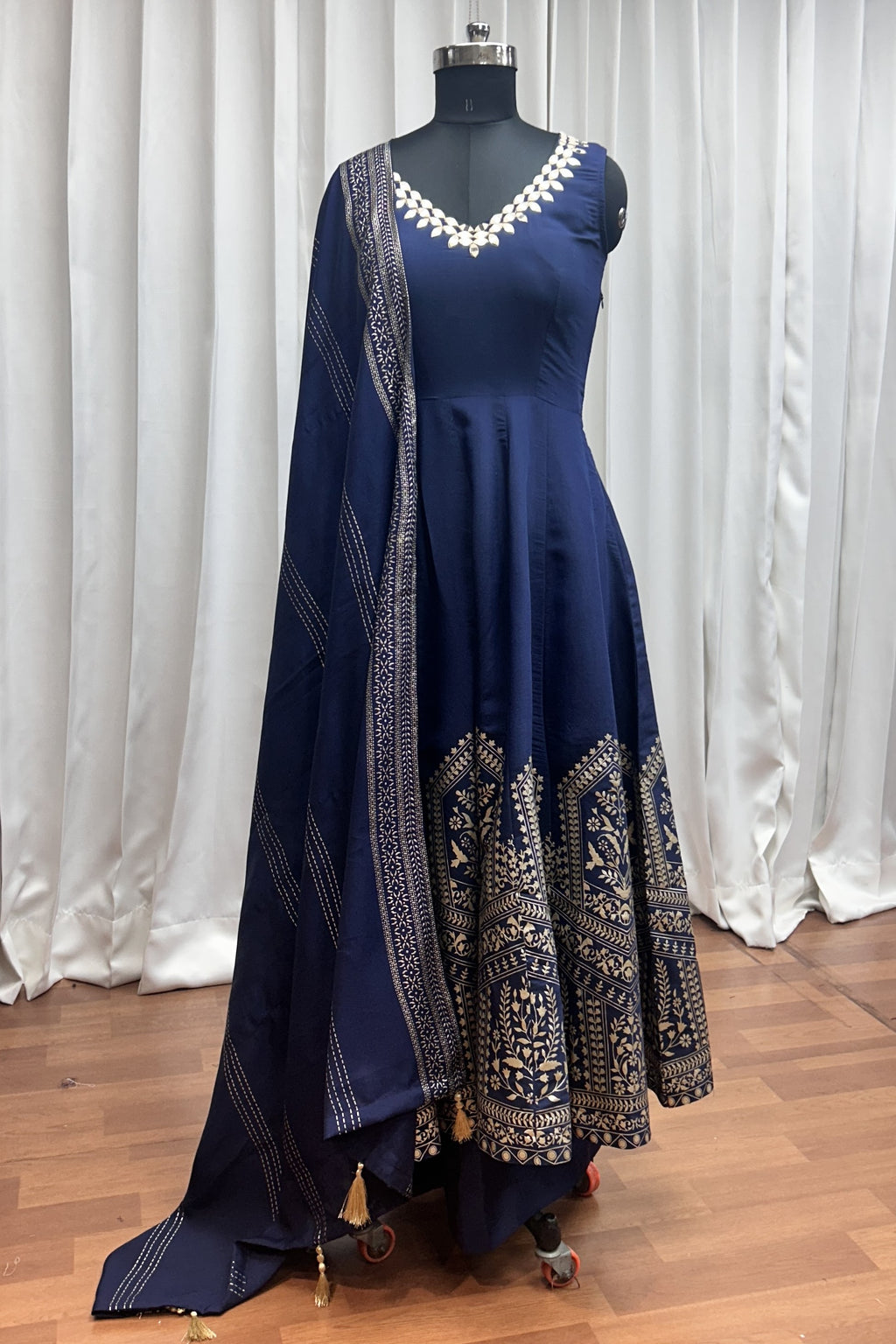 Navy Blue Roman Silk Kameez with Pant For Indian Festivals & Weddings - Mirror Work, Foil Print Work