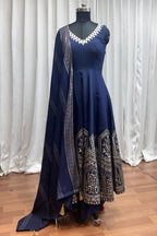 Navy Blue Roman Silk Kameez with Pant For Indian Festivals & Weddings - Mirror Work, Foil Print Work