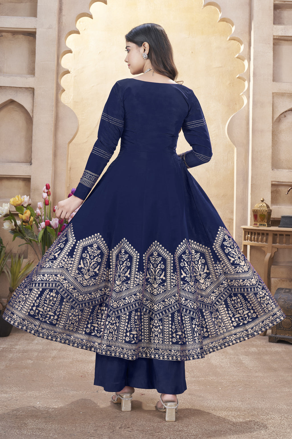 Navy Blue Roman Silk Kameez with Pant For Indian Festivals & Weddings - Mirror Work, Foil Print Work