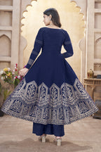 Navy Blue Roman Silk Kameez with Pant For Indian Festivals & Weddings - Mirror Work, Foil Print Work