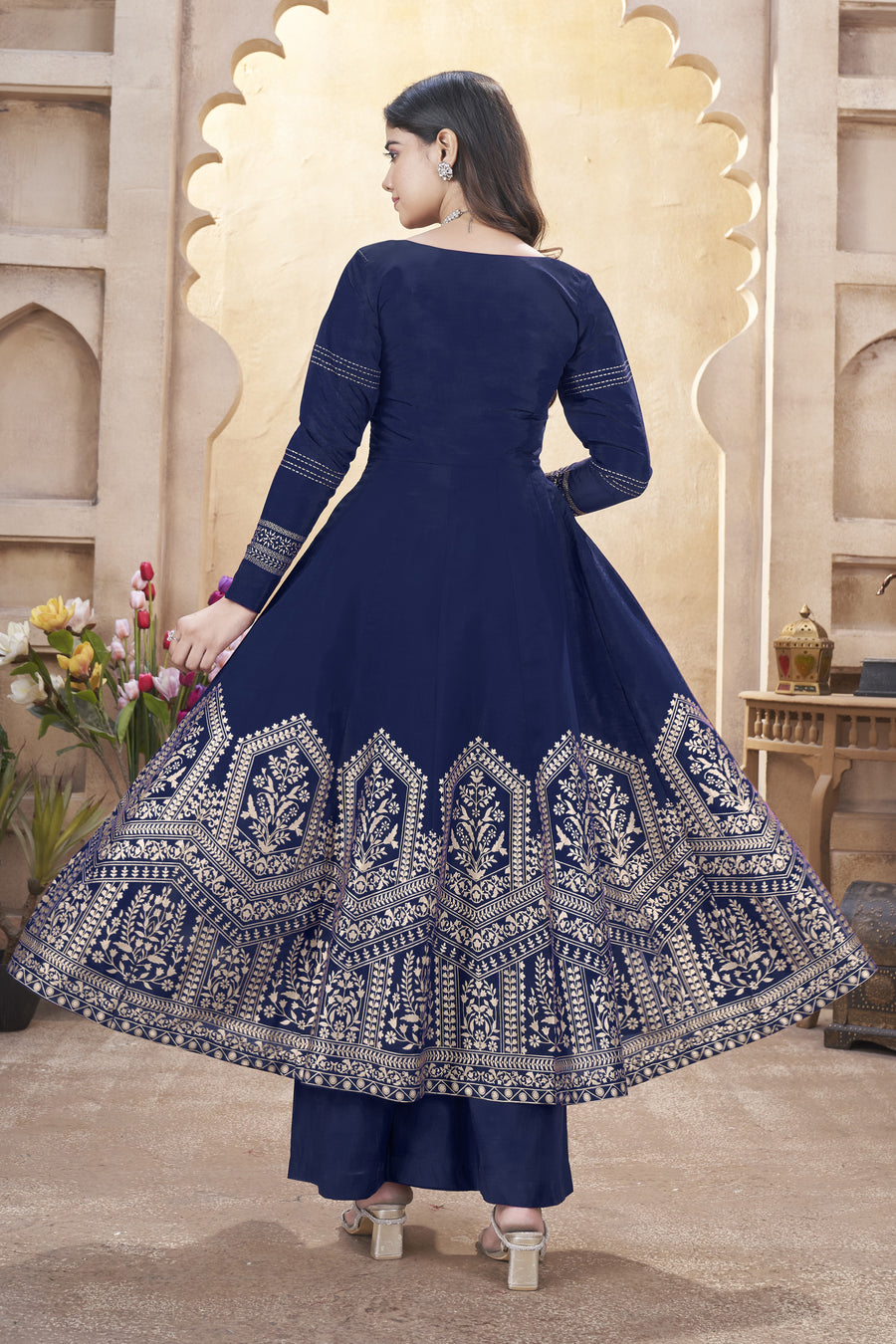 Navy Blue Roman Silk Kameez with Pant For Indian Festivals & Weddings - Mirror Work, Foil Print Work