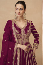 Maroon Chinon Silk Floor Full Length Partywear Anarkali Suit For Indian Festival & Pakistani Weddings - Embroidery Work