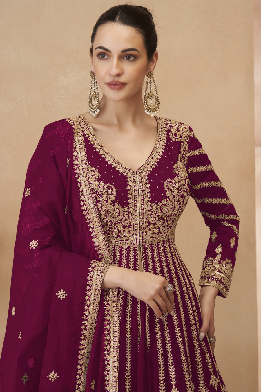 Maroon Chinon Silk Floor Full Length Partywear Anarkali Suit For Indian Festival & Pakistani Weddings - Embroidery Work