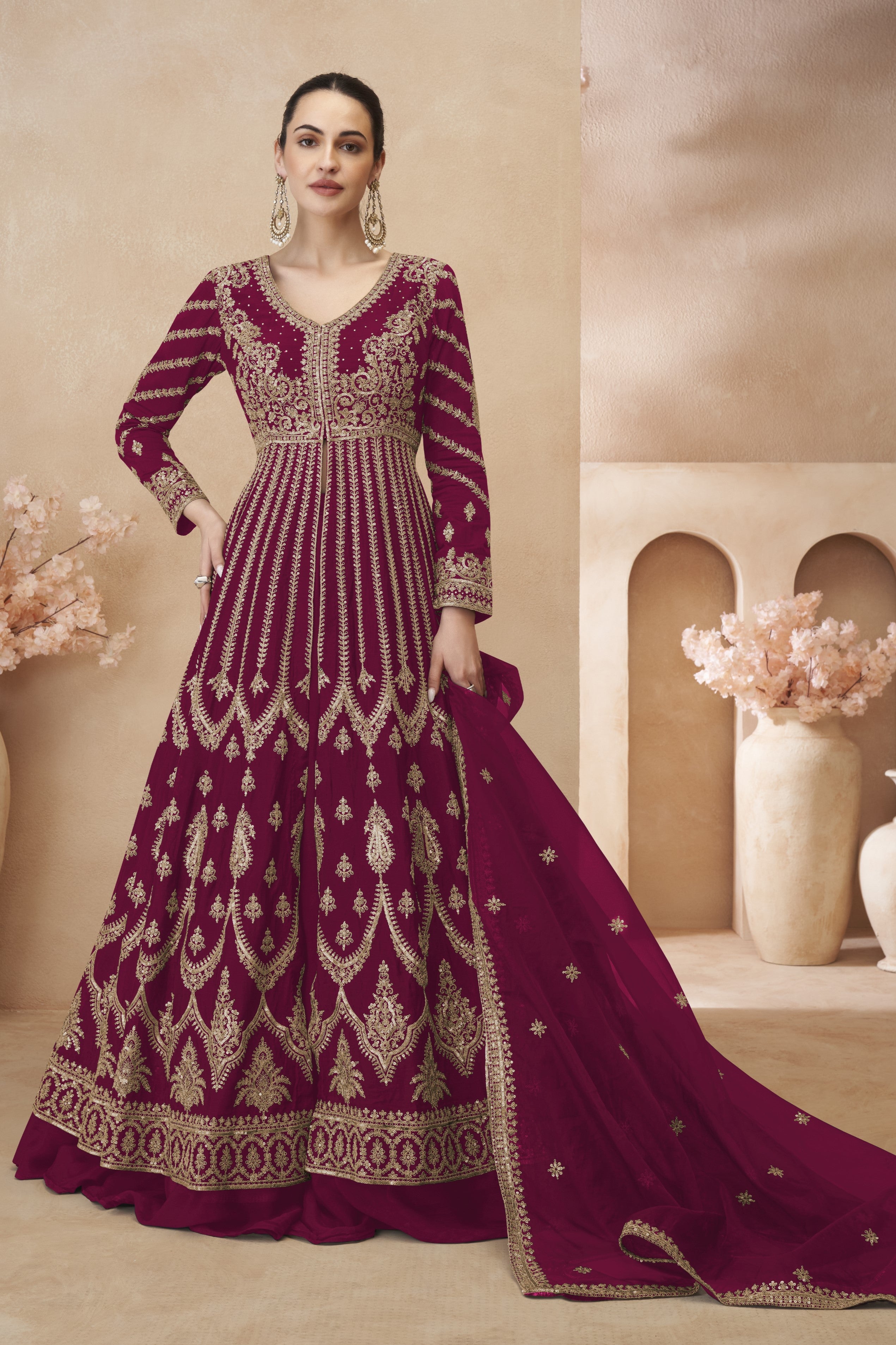 Maroon Chinon Silk Floor Full Length Partywear Anarkali Suit For Indian Festival & Pakistani Weddings - Embroidery Work