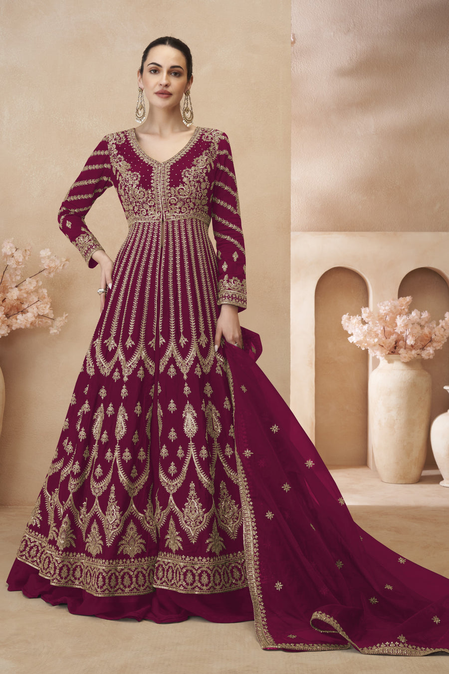 Maroon Chinon Silk Floor Full Length Partywear Anarkali Suit For Indian Festival & Pakistani Weddings - Embroidery Work
