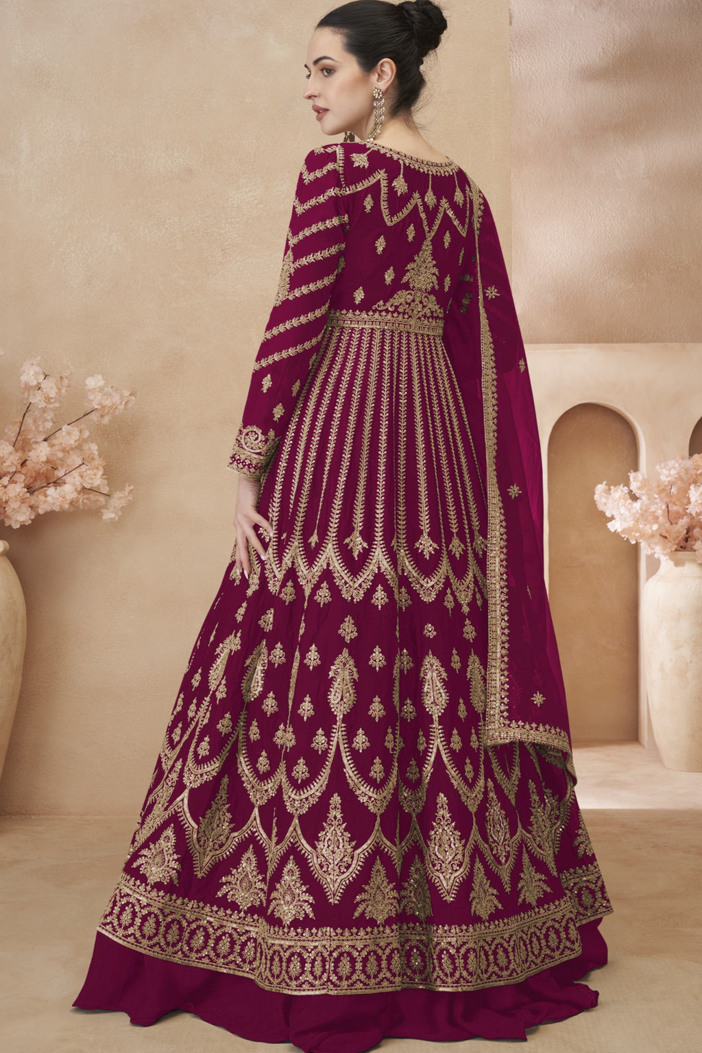 Maroon Chinon Silk Floor Full Length Partywear Anarkali Suit For Indian Festival & Pakistani Weddings - Embroidery Work