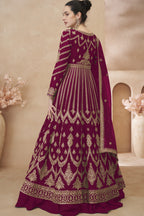 Maroon Chinon Silk Floor Full Length Partywear Anarkali Suit For Indian Festival & Pakistani Weddings - Embroidery Work
