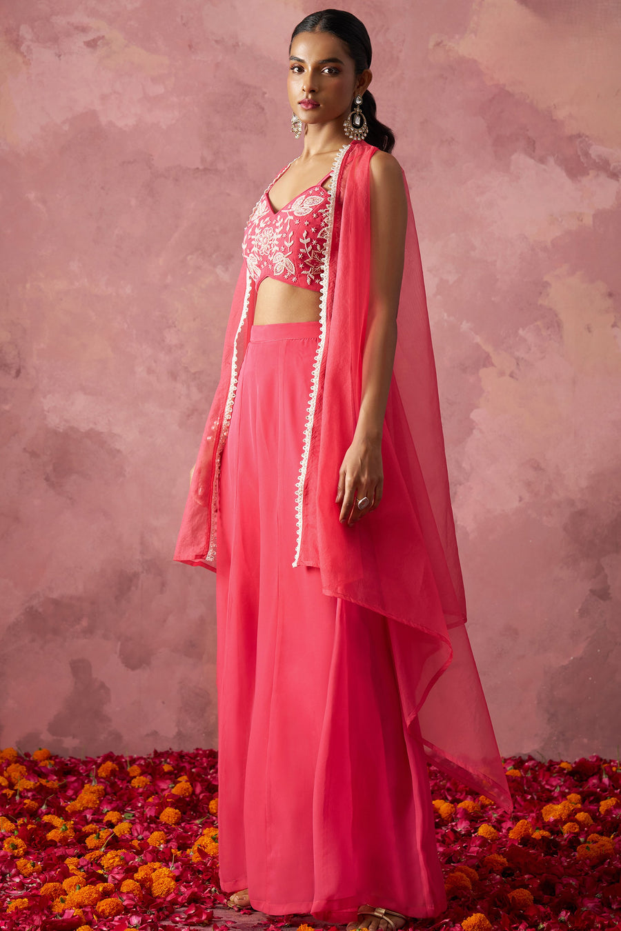 Pink Georgette Palazzo with Blouse with Cap Dupatta For Indian Festivals & Pakistani Weddings - Khatli Work, Hand Work