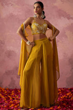 Golden Georgette Palazzo with Blouse with Cap Dupatta For Indian Festivals & Pakistani Weddings - Khatli Work, Hand Work
