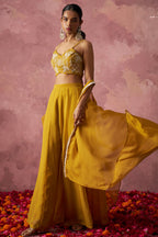 Golden Georgette Palazzo with Blouse with Cap Dupatta For Indian Festivals & Pakistani Weddings - Khatli Work, Hand Work