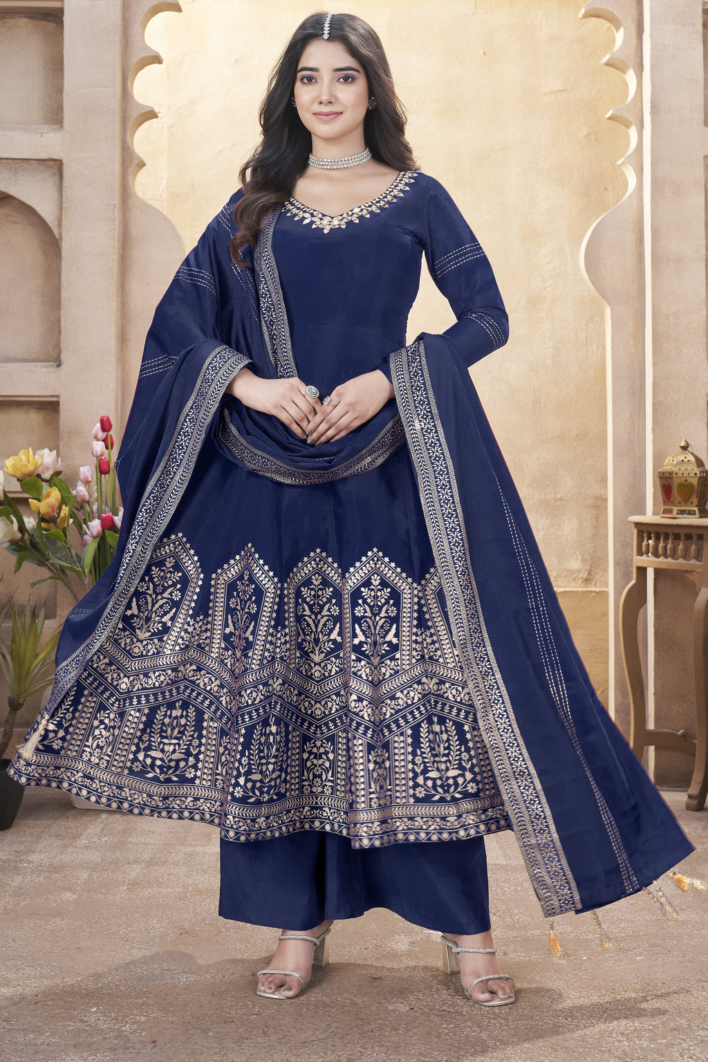 Navy Blue Roman Silk Kameez with Pant For Indian Festivals & Weddings - Mirror Work, Foil Print Work